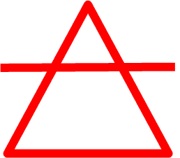 A red equilateral triangle, point facing upwards, with horizontal line piercing through its top third